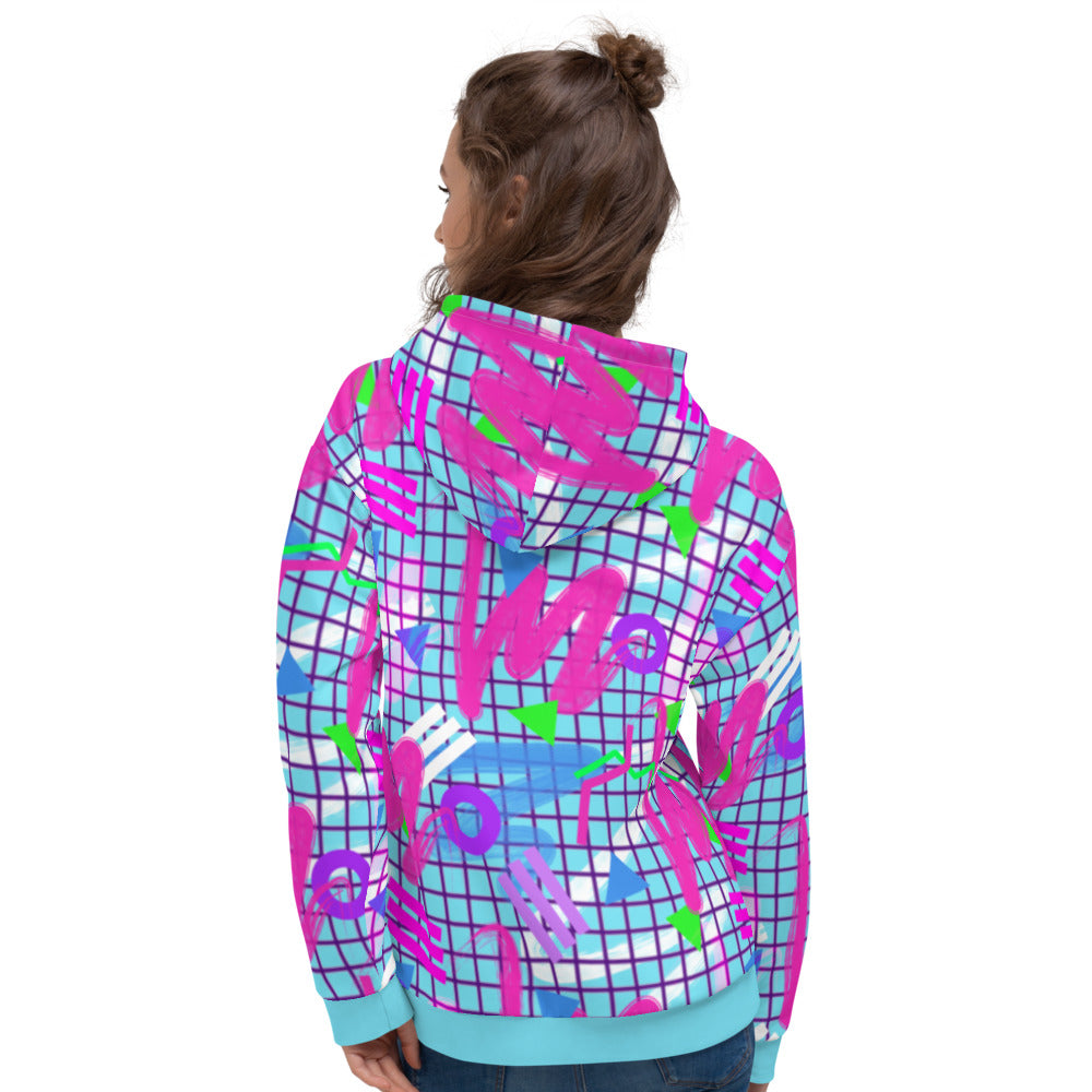 Colourful squiggles and geometric shapes in an 80s Memphis design and 90s Vaporwave style in pink, purple, green and blue, unisex hoodie top pullover by BillingtonPix