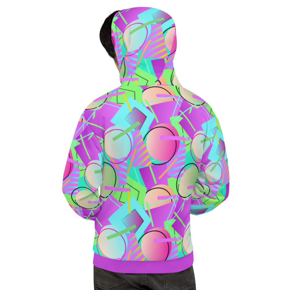 80s Memphis design unisex hoodie athleisure top in a vibrant geometric all-over pattern of circles, squares and stripes in tones of blue, magenta purple, orange and green by BillingtonPix