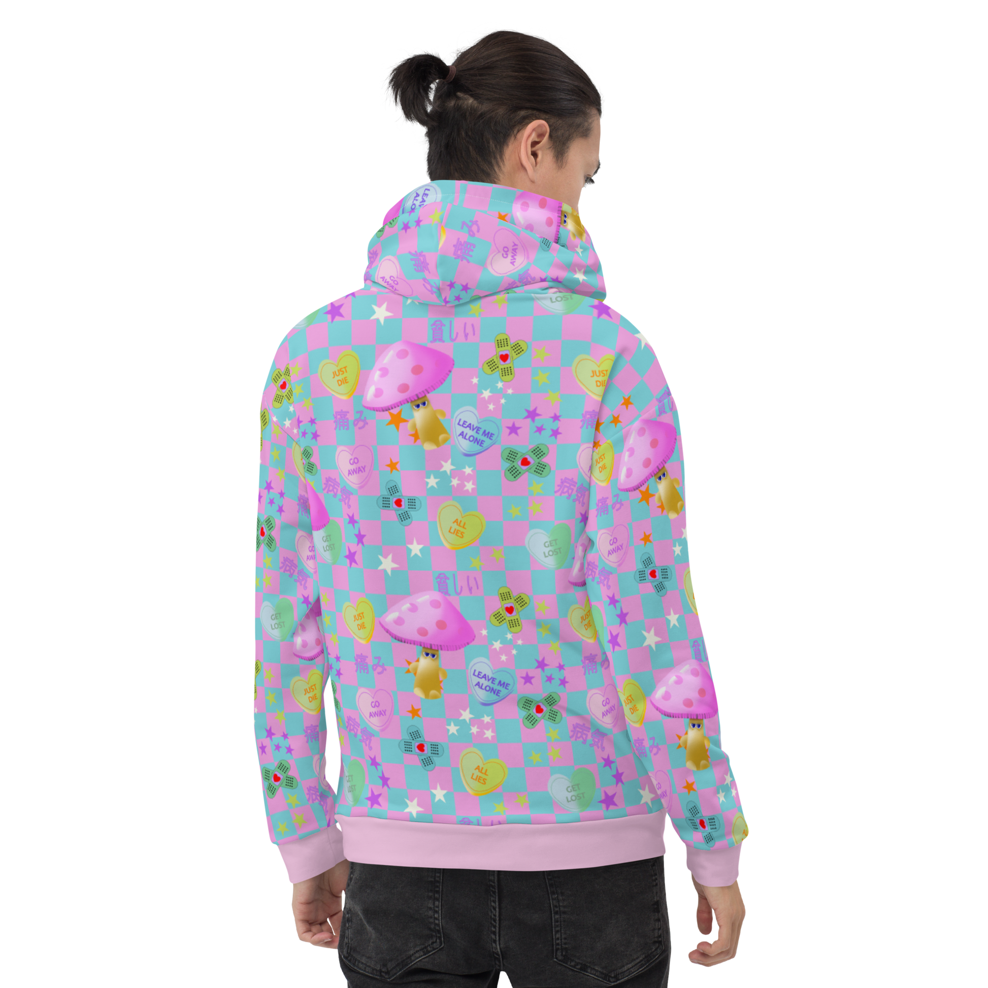 Fairy Kei Harajuku and Yume Kawaii Japanese streetwear style hoodie. With a chequered design in baby blue and pink with an overlay of mean love hearts and Japanese words and phrases this hoodie fashion brings out the Yami Kawaii and Menhera Kei hurt and sorrow emotions.