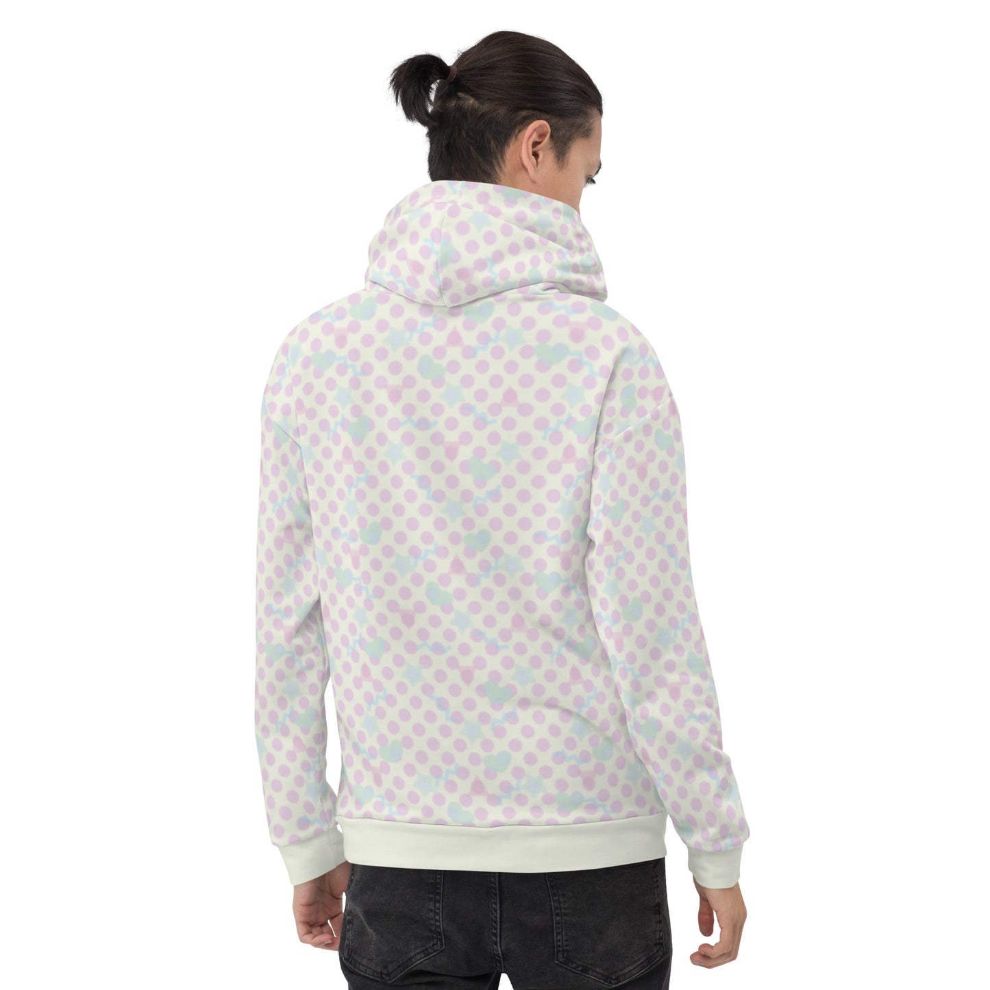 Fairy Kei patterned hoodie in a soft pastel Harajuku style. Danish pastel confetti shapes and polka dots against a cream background. 