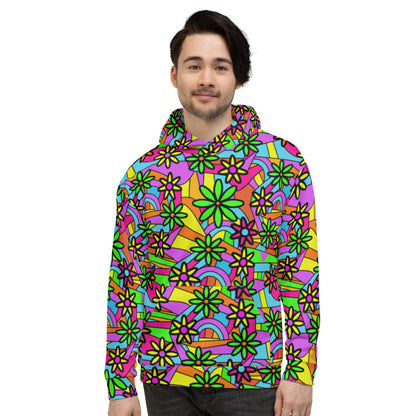 Vivid multicoloured patterned unisex hoodie with a floral and geometric 60s flower power style all-over design