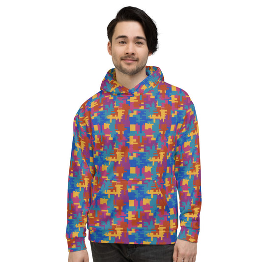 Geometric interlinking retro 90s style pattern in tones of orange, scarlet, teal and blue on this cotton polyester blend hoodie by BillingtonPix