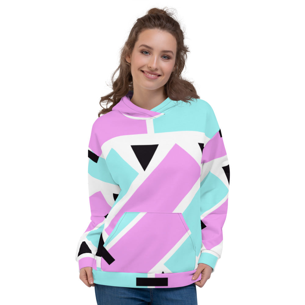 90s style colourful geometric pattern sweatshirt pullover with pastel shapes of pink and turquoise and black and white by BillingtonPix