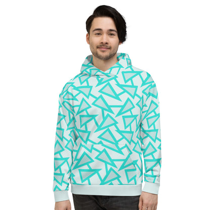 80s Memphis style hoodie with geometric triangular pattern in mint, turquoise and pale grey by BillingtonPix