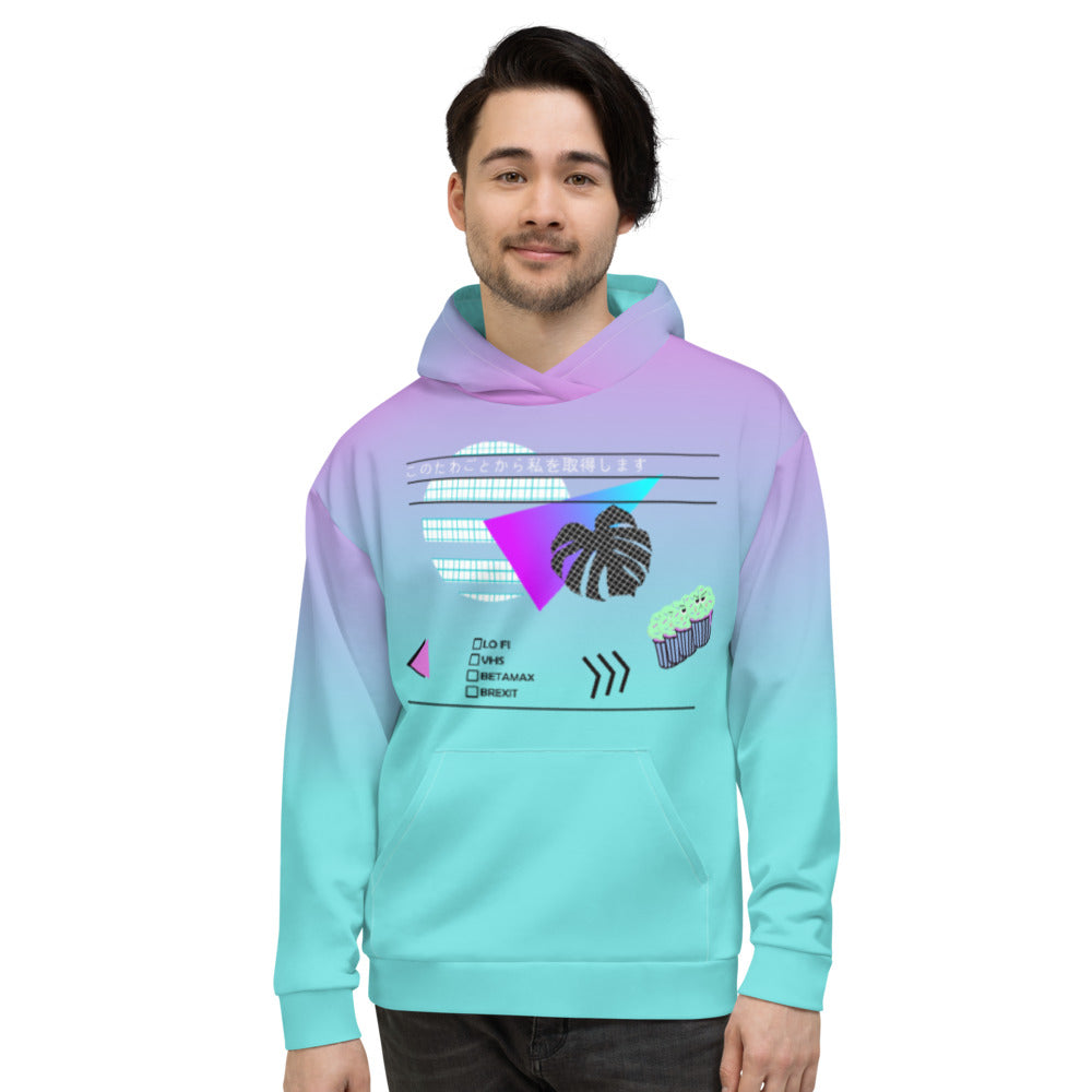 Japanese vaporwave design hoodie top by BillingtonPix, containing gradient turquoise to pink background and geometric shapes and symbols on the front, including vintage sunset and monstera in 80s style graph paper design, grumpy cupcakes, checkboxes including Lo Fi, VHS, Betamax and Brexit options and the Japanese script このたわごとから私を取得します translated as Get me out of this shit. Makes the perfect Otaku fashion.