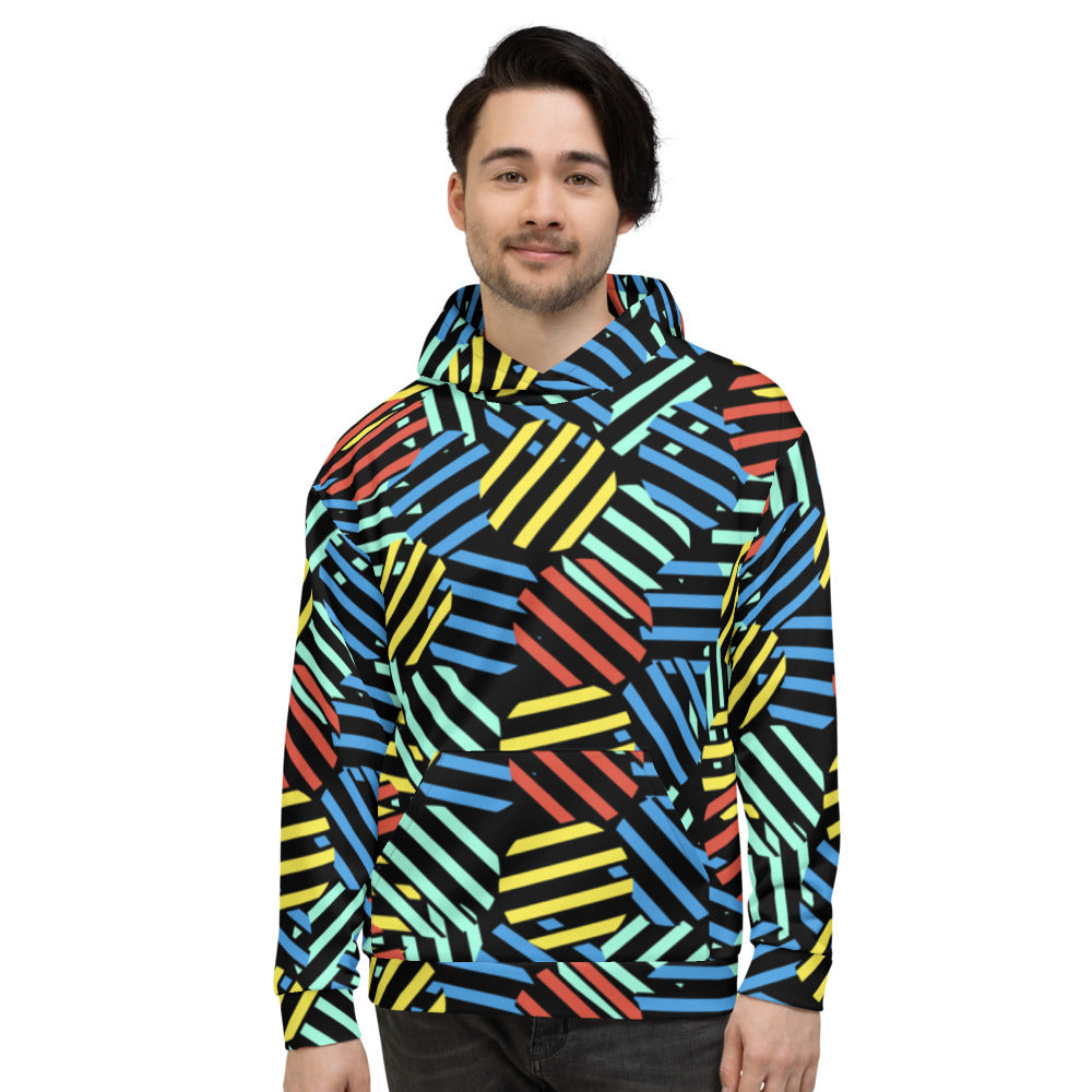 Retro style patterned unisex hoodie top in tones of red, blue, yellow and green against a black background on this sweater top by BillingtonPix