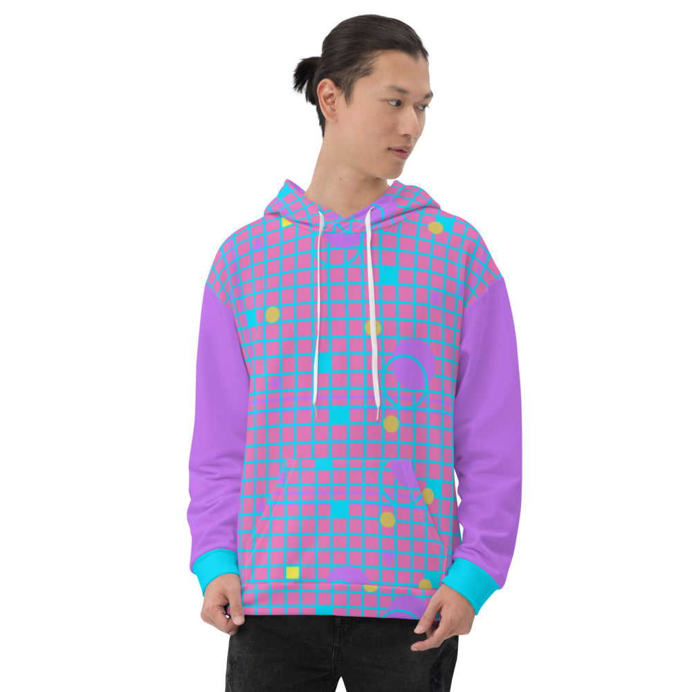 Harajuku geometric patterned unisex hoodie sweater in mauve, pink, blue and yellow, consisting of a grid background in mauve and pink and 80s Memphis design. Arms are in matching mauve purple with turquoise cuffs on these festival hoodies by BillingtonPix