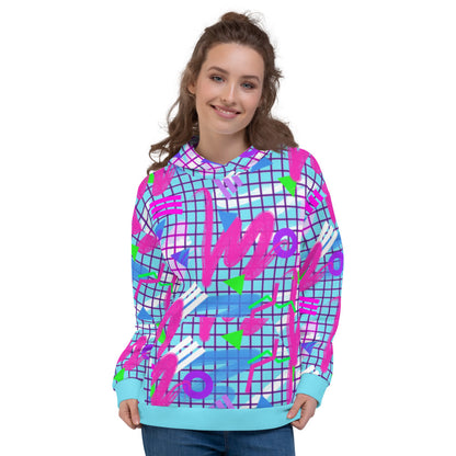 Colourful squiggles and geometric shapes in an 80s Memphis design and 90s Vaporwave style in pink, purple, green and blue, unisex hoodie top pullover by BillingtonPix