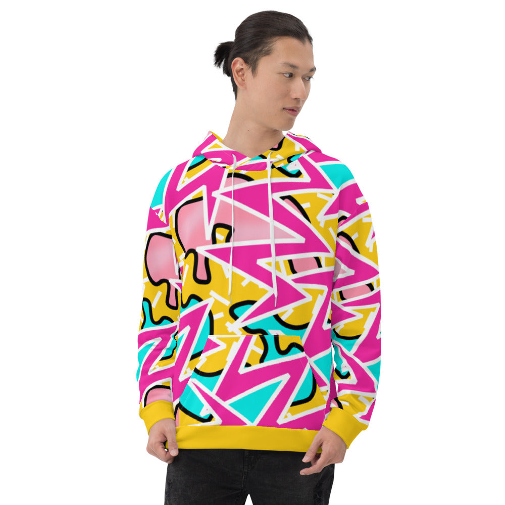 Geometric and abstract pattern in tones of pink, blue and orange on this funky hoodie by BillingtonPix