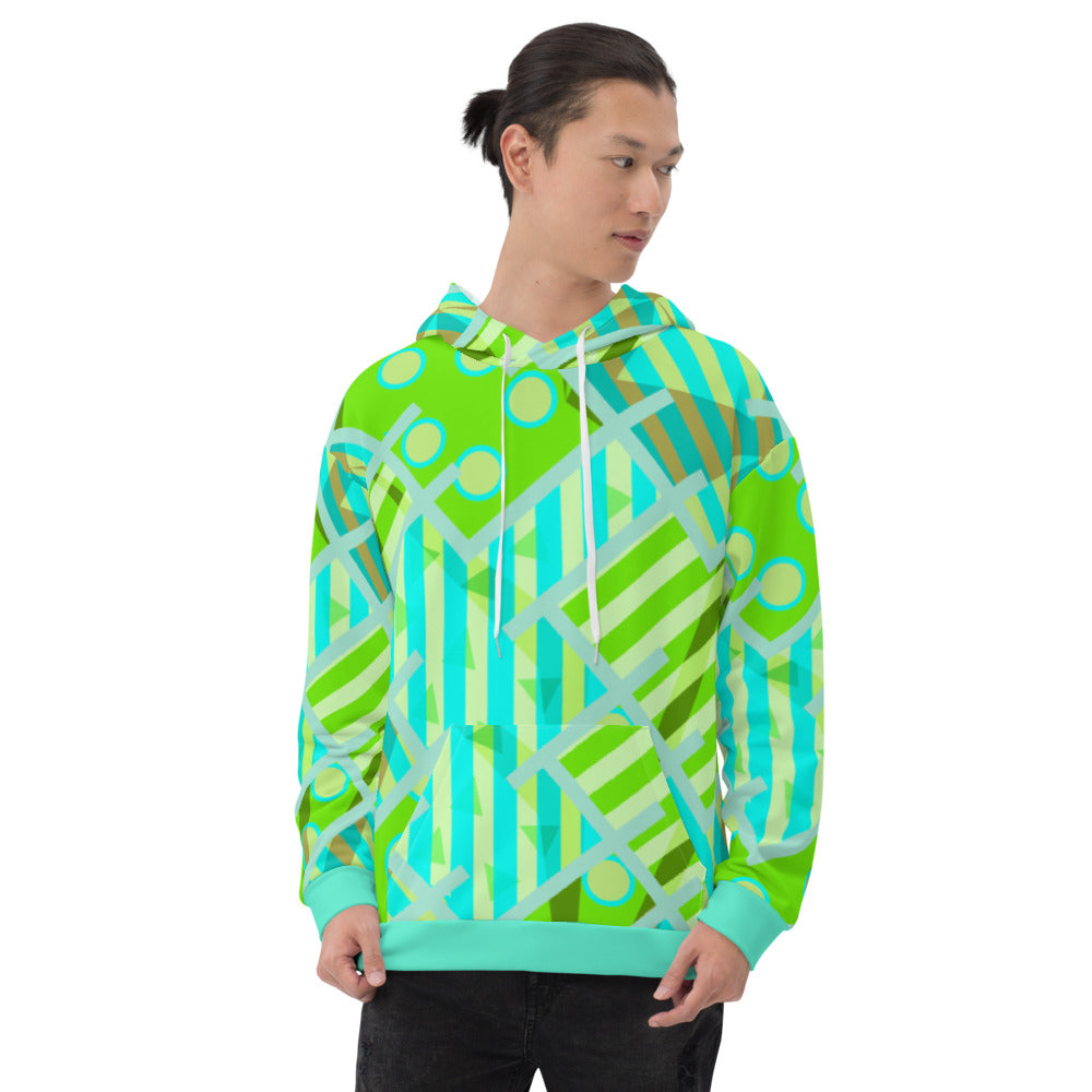 Green and turquoise patterned unisex hoodie with a retro 80s Memphis style design with Harajuku aesthetic. for men and women 