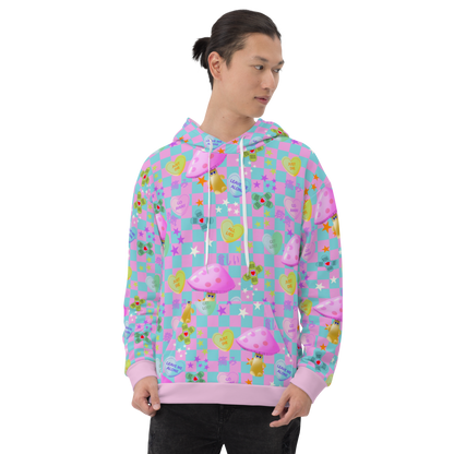 Fairy Kei Harajuku and Yume Kawaii Japanese streetwear style hoodie. With a chequered design in baby blue and pink with an overlay of mean love hearts and Japanese words and phrases this hoodie fashion brings out the Yami Kawaii and Menhera Kei hurt and sorrow emotions.