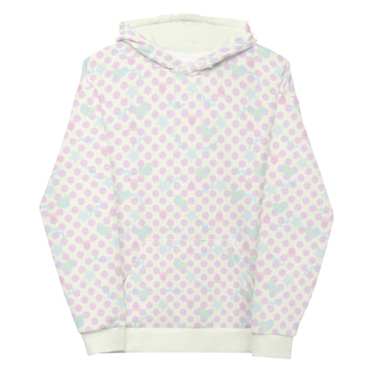 Fairy Kei patterned hoodie in a soft pastel Harajuku style. Danish pastel confetti shapes and polka dots against a cream background. 