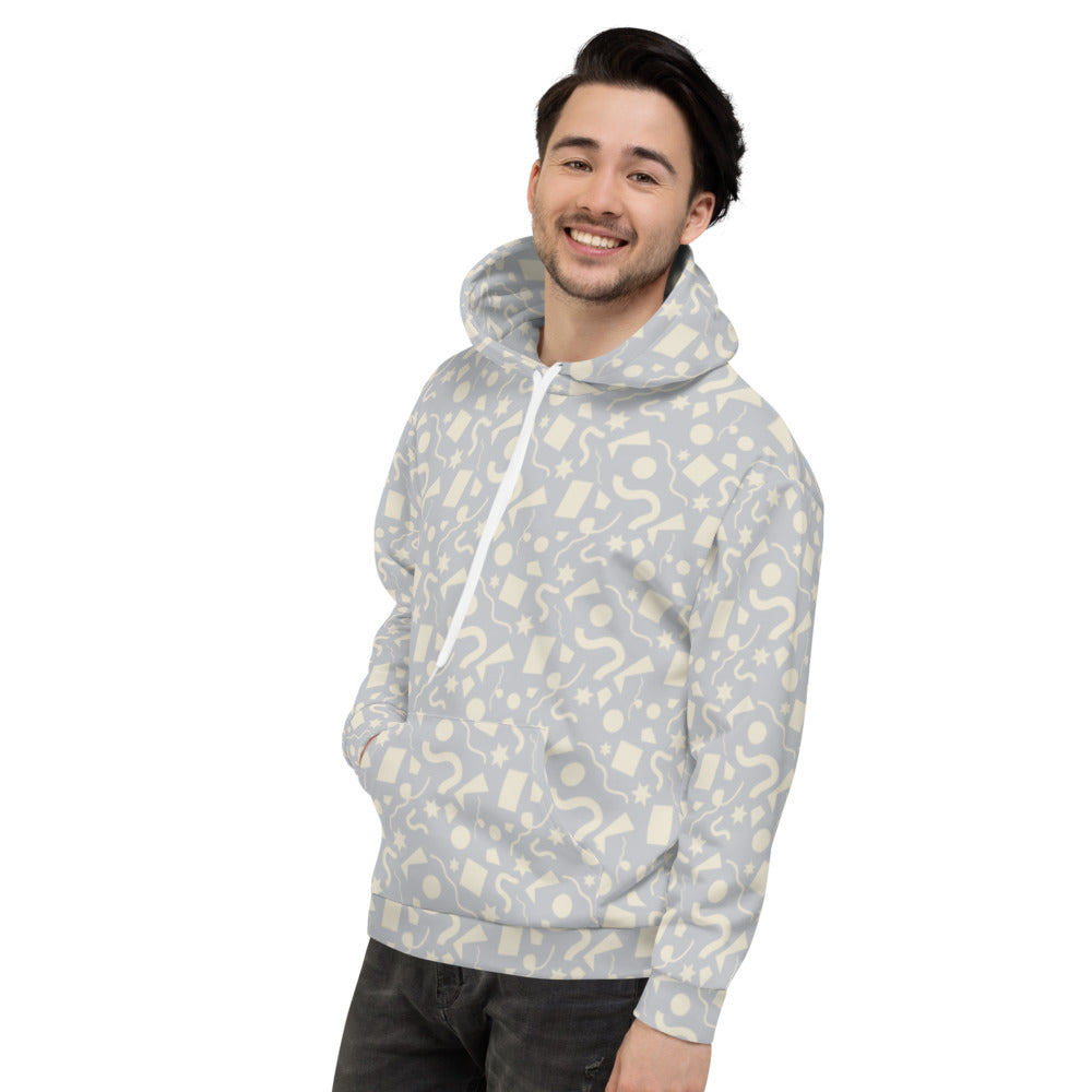 Retro 90s Memphis style patterned hoodie with cream geometric shapes against a grey background by BillingtonPix