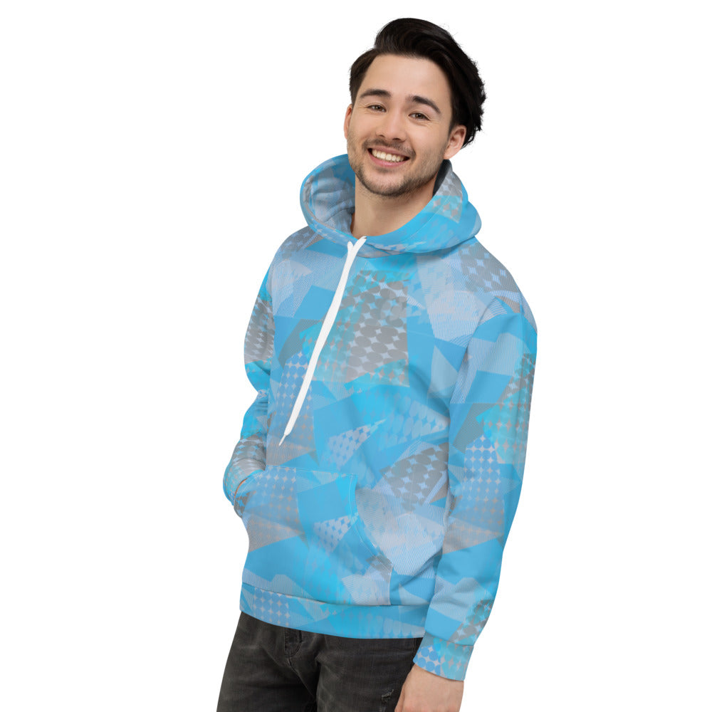 Retro 90s style blue and grey geometric patterned hoodie by BillingtonPix