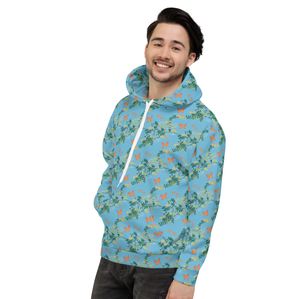 Traditional English Cottagecore patterned design featuring orange butterflies, leaves and flowers on this all-over print unisex hoodie by BillingtonPix