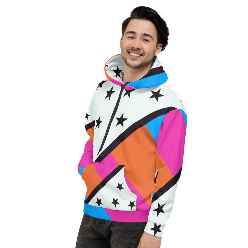 80s Memphis stars and stripes design in bold colours and shapes including pink, blue, orange, black and white with black stars on this contemporary hoodie by BillingtonPix