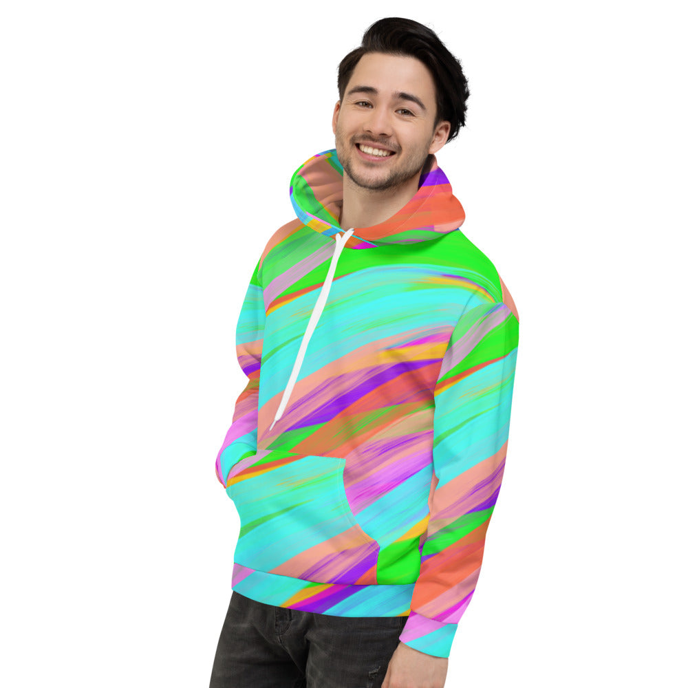 Vibrant and colourful hip hop style design streetwear hoodie in diagonal gouache stripes of turquoise, purple, green, orange, pink and peach by BillingtonPix