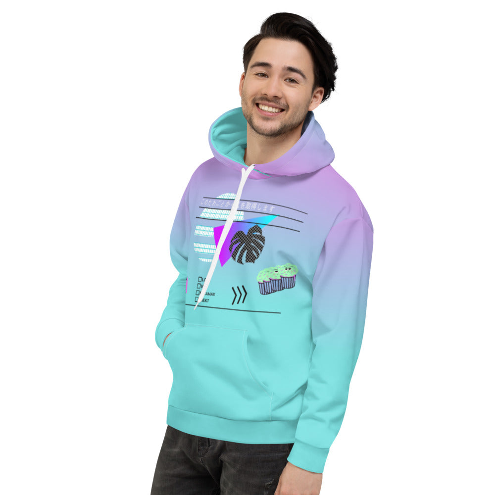 Japanese vaporwave design hoodie top by BillingtonPix, containing gradient turquoise to pink background and geometric shapes and symbols on the front, including vintage sunset and monstera in 80s style graph paper design, grumpy cupcakes, checkboxes including Lo Fi, VHS, Betamax and Brexit options and the Japanese script このたわごとから私を取得します translated as Get me out of this shit. Makes the perfect Otaku fashion.