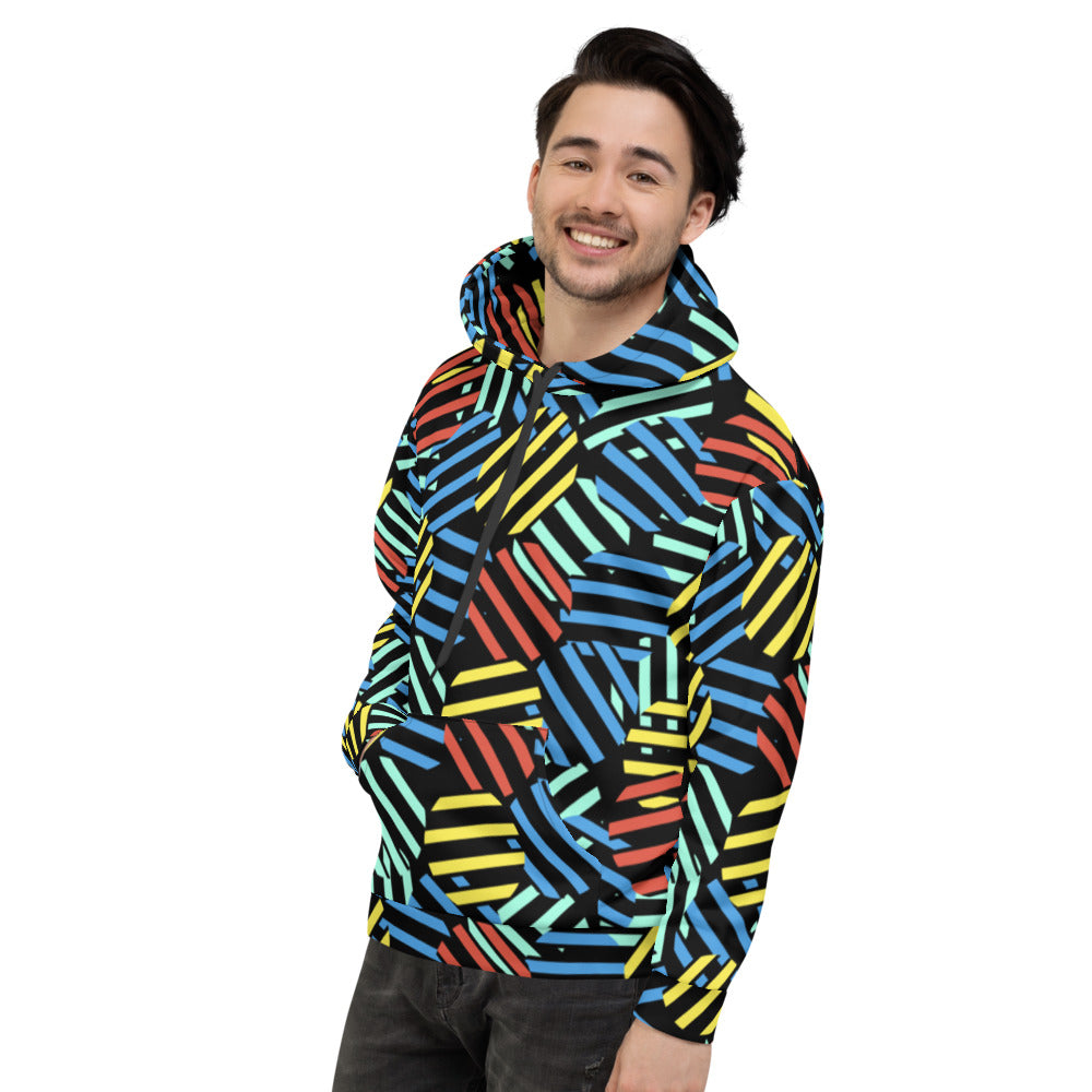 Retro style patterned unisex hoodie top in tones of red, blue, yellow and green against a black background on this sweater top by BillingtonPix