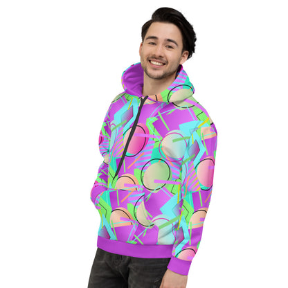 80s Memphis design unisex hoodie athleisure top in a vibrant geometric all-over pattern of circles, squares and stripes in tones of blue, magenta purple, orange and green by BillingtonPix