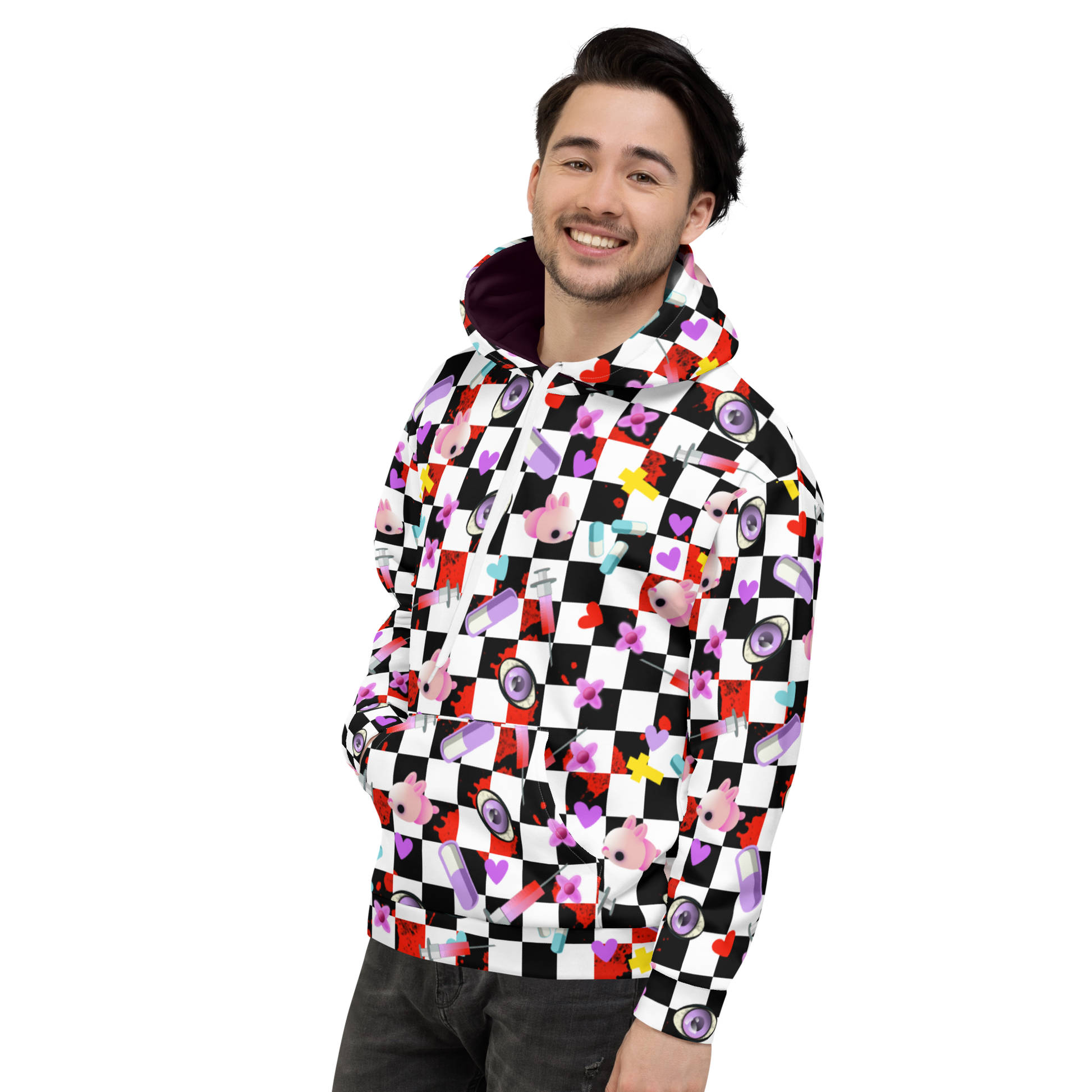 Yami Kawaii Harajuku Anime design unisex hoodie with a black and white chequered background, containing a number of Menhera Kei and Pop Kei references such as kawaii pink mice, yellow crosses, pastel goth spooky eyes, splatters of blood, hearts and cute looking pills. This hoodie jumper is something you might want to wear as streetwear festivals or rave fashion. Design by BillingtonPix