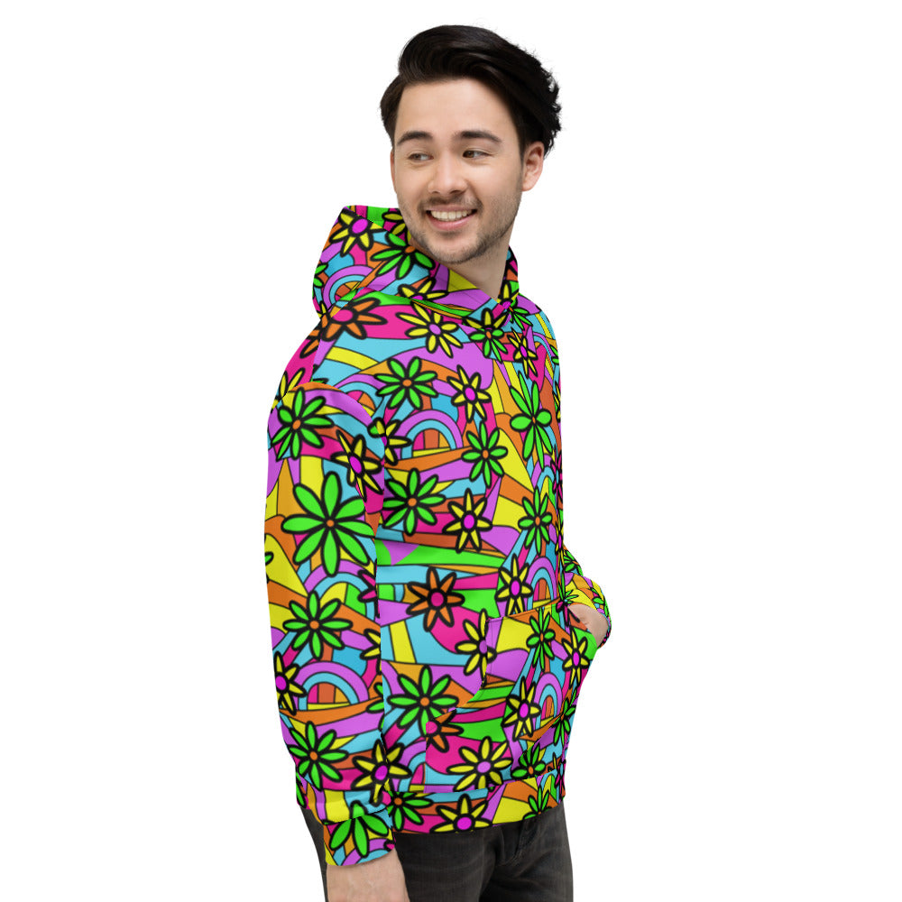 Vivid multicoloured patterned unisex hoodie with a floral and geometric 60s flower power style all-over design