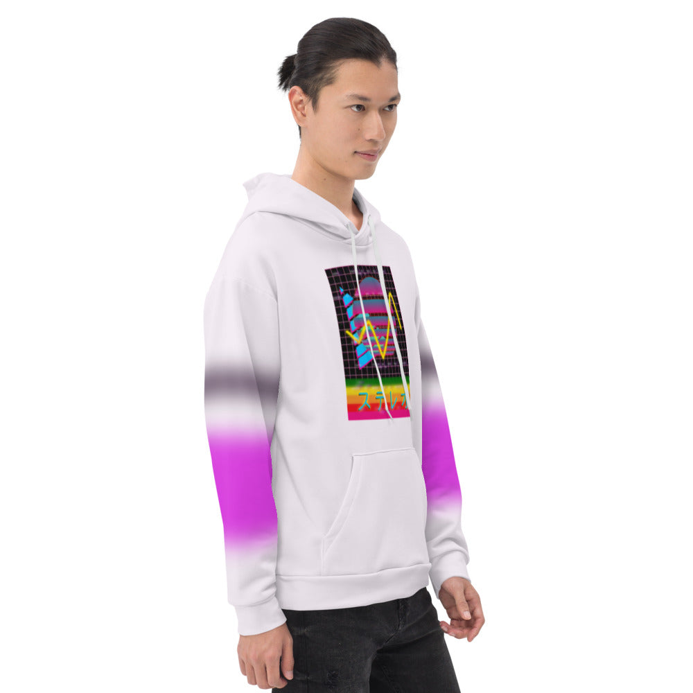 Best vaporwave unisex hoodie design with 80s Memphis aesthetic, vintage sunset, Japanese script, 80s betamax video cassette theme, retrowave aesthetic in a colourful Harajuku style. Two stripes of black and deep pink wrap around the arms in a blurred effect on this awesome hoodie pullover by BillingtonPix