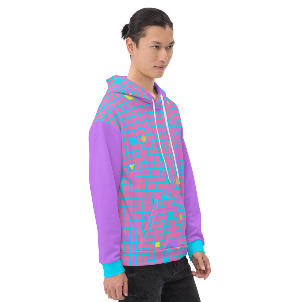 Harajuku geometric patterned unisex hoodie sweater in mauve, pink, blue and yellow, consisting of a grid background in mauve and pink and 80s Memphis design. Arms are in matching mauve purple with turquoise cuffs on these festival hoodies by BillingtonPix