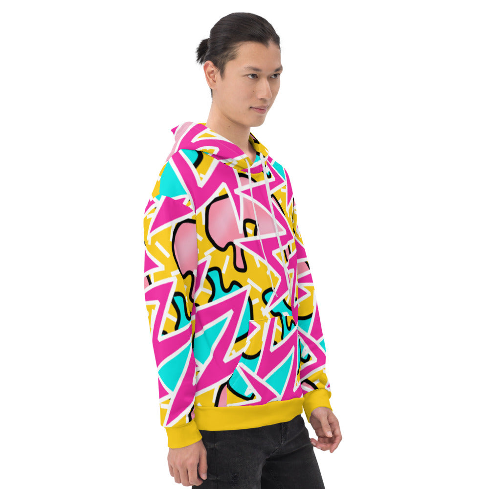 Geometric and abstract pattern in tones of pink, blue and orange on this funky hoodie by BillingtonPix