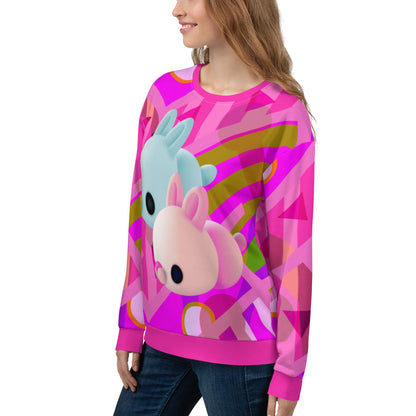 Pink geometric patterned retro 80s style kawaii harajuku pullover jumper with cute mochi bunny rabbits by BillingtonPix