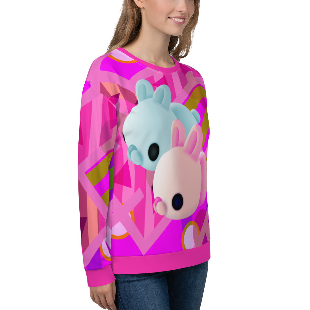 Pink geometric patterned retro 80s style kawaii harajuku pullover jumper with cute mochi bunny rabbits by BillingtonPix