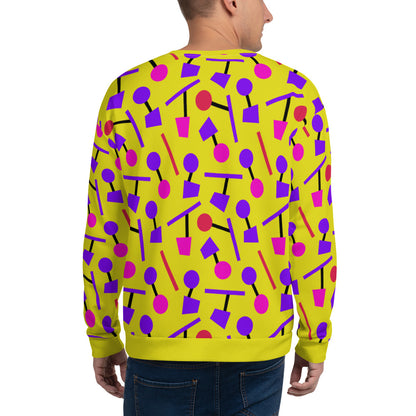 Colourful funky yellow sweater in an 80s Memphis style design with purple, pink and black geometric shapes on this patterned sweatshirt pullover by BillingtonPix