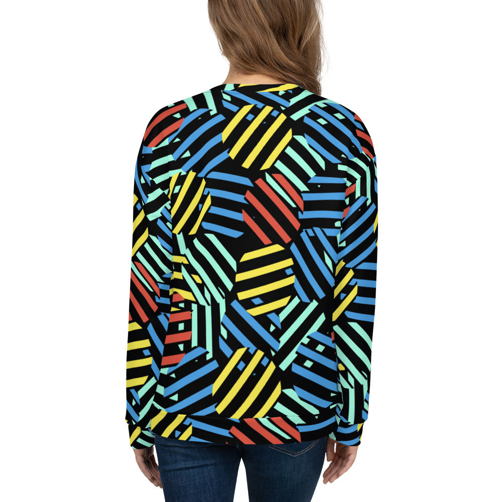 Colourful 80s Memphis design graphic sweatshirt consisting of circular pattern overlays in red, yellow, orange and blue on this black sweatshirt pullover by BillingtonPix