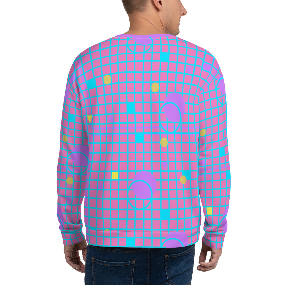 Harajuku geometric patterned unisex sweatshirt top in mauve, pink, blue and yellow, consisting of a grid background in mauve and pink and 80s Memphis design on these festival tops by BillingtonPix