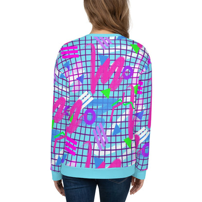 Colourful squiggles and geometric shapes in an 80s Memphis design and 90s Vaporwave style in pink, purple, green and blue, unisex sweatshirt sweater pullover by BillingtonPix