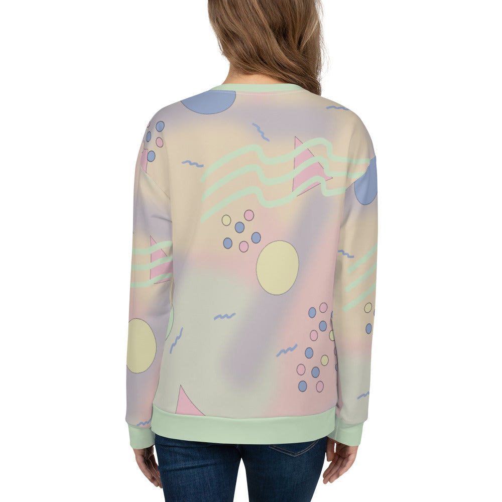 90s Y2K athleisure fashion style sweatshirt with 80s Memphis design geometric shapes including circles, triangles and squiggles against a pastel abstract background on this funky sweater pullover by BillingtonPix