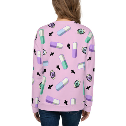 Pink Yami Kawaii clothing with Menhere Kei symbols of pills, crosses and colourful eyeballs provide a juxtaposition of cute with darker symbols on this pink Harajuku sweatshirt or sweater by BillingtonPix