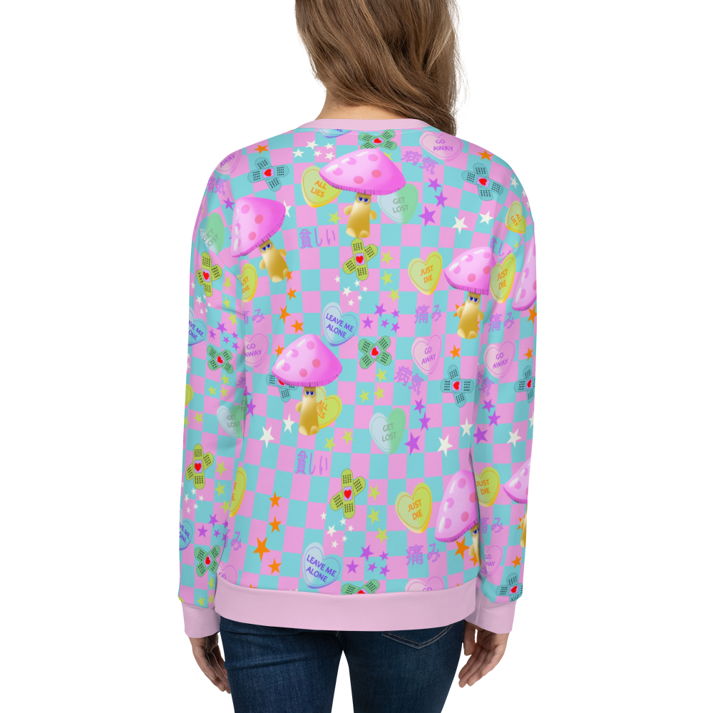 Fairy Kei Harajuku and Yume Kawaii Japanese streetwear style sweatshirt. With a chequered design in baby blue and pink with an overlay of mean love hearts and Japanese words and phrases this sweater brings out the Yami Kawaii and Menhera Kei hurt and sorrow emotions.