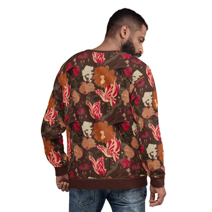 Victorian gothic dark academia and dark cottagecore all-over print floral sweatshirt in ox-blood red with viva magenta tulips and rich browns and oranges. Unisex long sleeve with crew neck, waistband and cuffs in matching brown. 