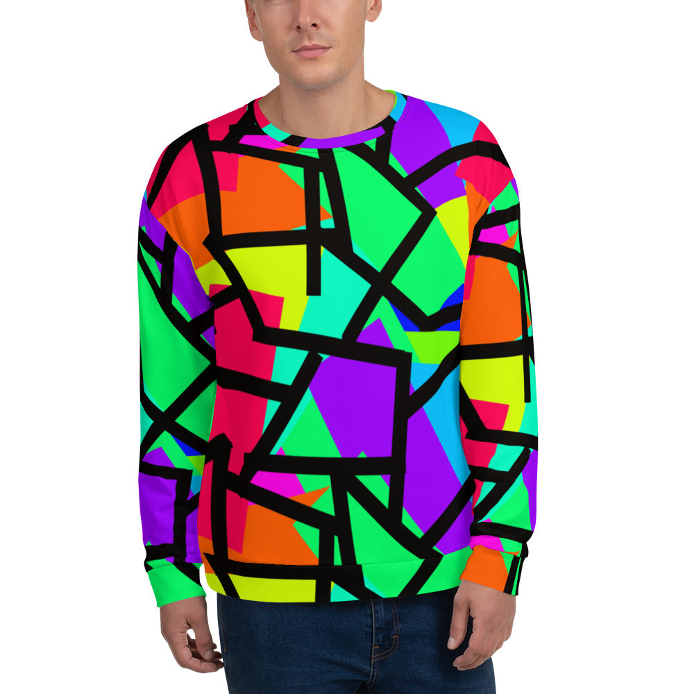 Bright and colourful geometric patterned design in orange, green, purple, blue, red and turquoise with a black geometric overlay on this sweatshirt by BillingtonPix