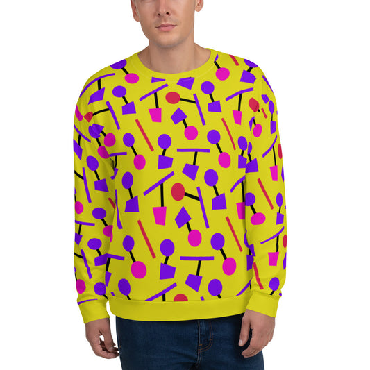 Colourful funky yellow sweater in an 80s Memphis style design with purple, pink and black geometric shapes on this patterned sweatshirt pullover by BillingtonPix