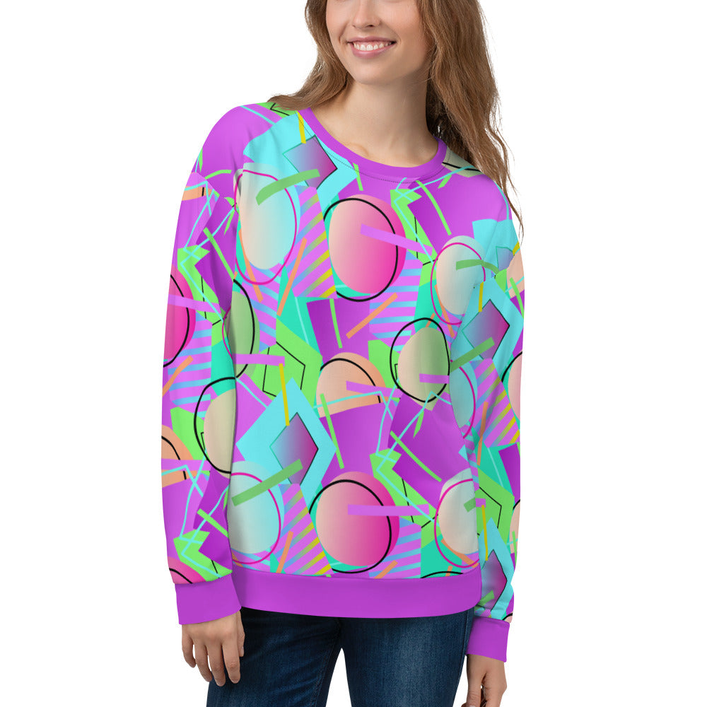 80s Memphis design unisex sweatshirt athleisure top in a vibrant geometric all-over pattern of circles, squares and stripes in tones of blue, magenta purple, orange and green by BillingtonPix