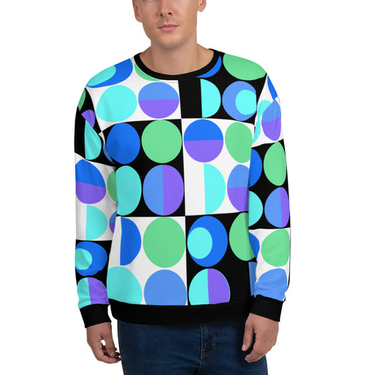 80s Memphis Bauhaus design sweatshirt in geometric pattern of circles and squares and half shapes in tones of blue, purple and green on this unique mid-century style sweatshirt by BillingtonPix