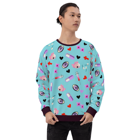 Turquoise Menhera Kei Yami Harajuku fashion sweatshirt, containing a collection of Menhera Kei symbols such as pills, syringes, spooky eyes, crosses and black hearts by BillingtonPix