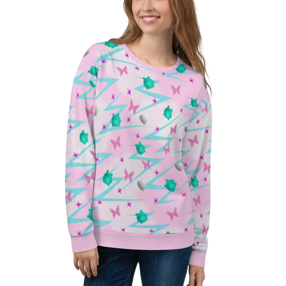 Stunning Yume Kawaii pink Fairy Kei Harajuku aesthetic design unisex sweatshirt, with turquoise blue frogs and pink butterflies, silver hearts and pink flowers in a mystical pattern of decora kei and pop kei design on this sweater by BillingtonPix