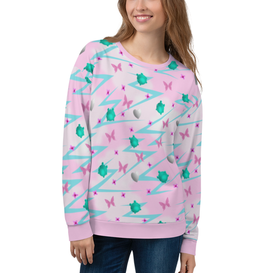 Stunning Yume Kawaii pink Fairy Kei Harajuku aesthetic design unisex sweatshirt, with turquoise blue frogs and pink butterflies, silver hearts and pink flowers in a mystical pattern of decora kei and pop kei design on this sweater by BillingtonPix