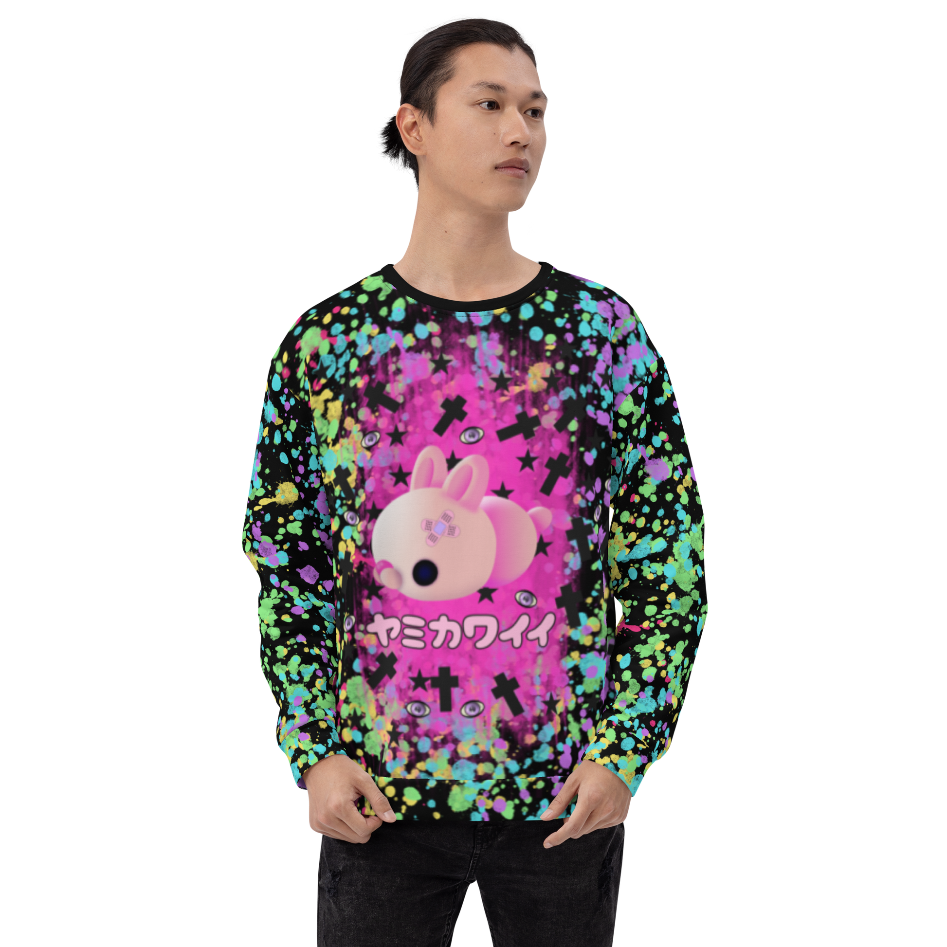 Multicolored LGBTQ Pride themed unisex sweatshirt with rainbow flag colored paint splats and a sickly mochi mouse in pink against a bright pink nebula with dark crosses and spooky eyeballs on this Menhera kei and Yami Kawaii Harajuku fashion pullover