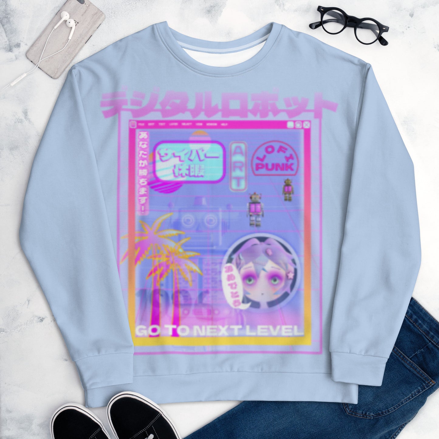 Cyberpunk vaporwave robots video game sweatshirt in pastel tones. Retro 90s gaming vibes on this sweater pullover in pastel blue. Japanese scripts, neon wave and anime graphic hoodie top by BillingtonPix