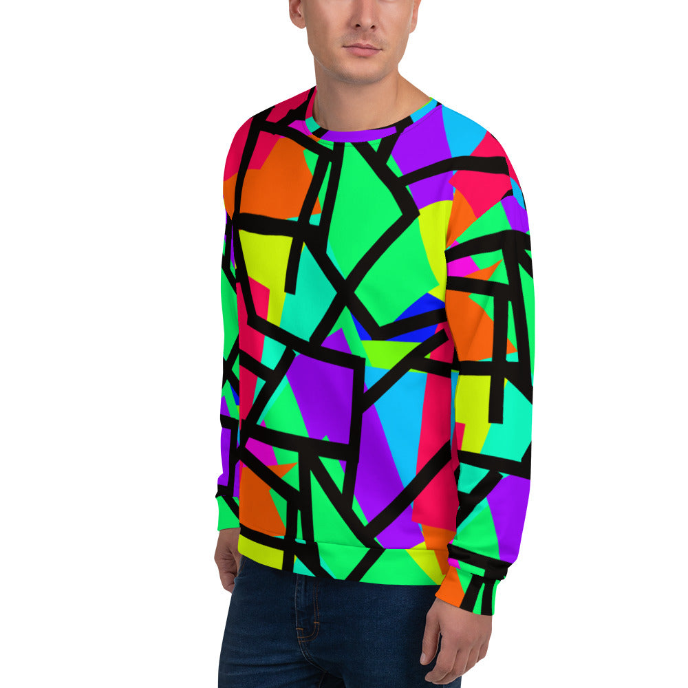 Bright and colourful geometric patterned design in orange, green, purple, blue, red and turquoise with a black geometric overlay on this sweatshirt by BillingtonPix