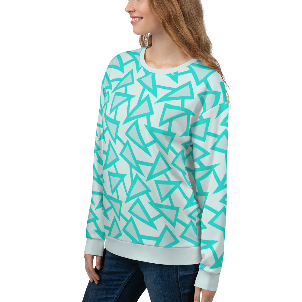 Popular 80s Memphis triangular theme of geometric triangle shapes connected with stalks in a turquoise and mint colour palette on this sweatshirt pullover by BillingtonPix